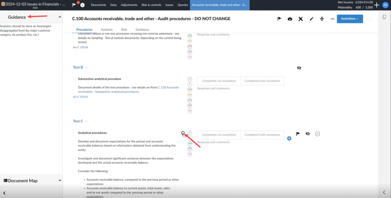 The user interface for selecting guidance within a checklist from its Procedure tab.